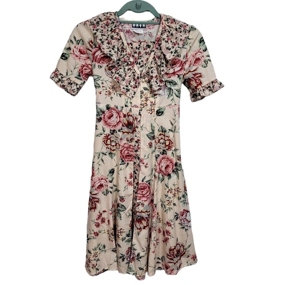 Disorderly Kids Vintage 90s Floral Ruffle Collar Dress Pearl Pink Tan Girls 10